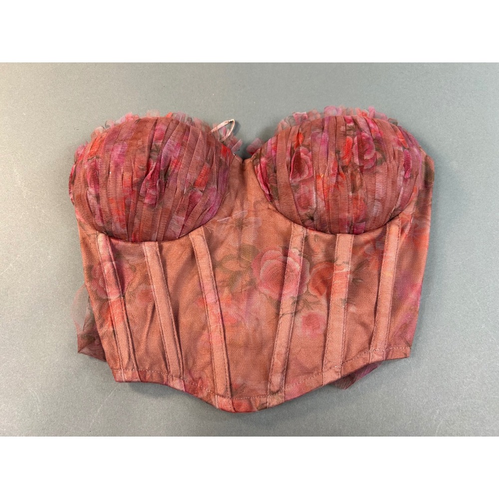 Nasty Gal Rose Printed Tulle Lace Up Back Corset Top Pink Floral‎ Size 4 NEW